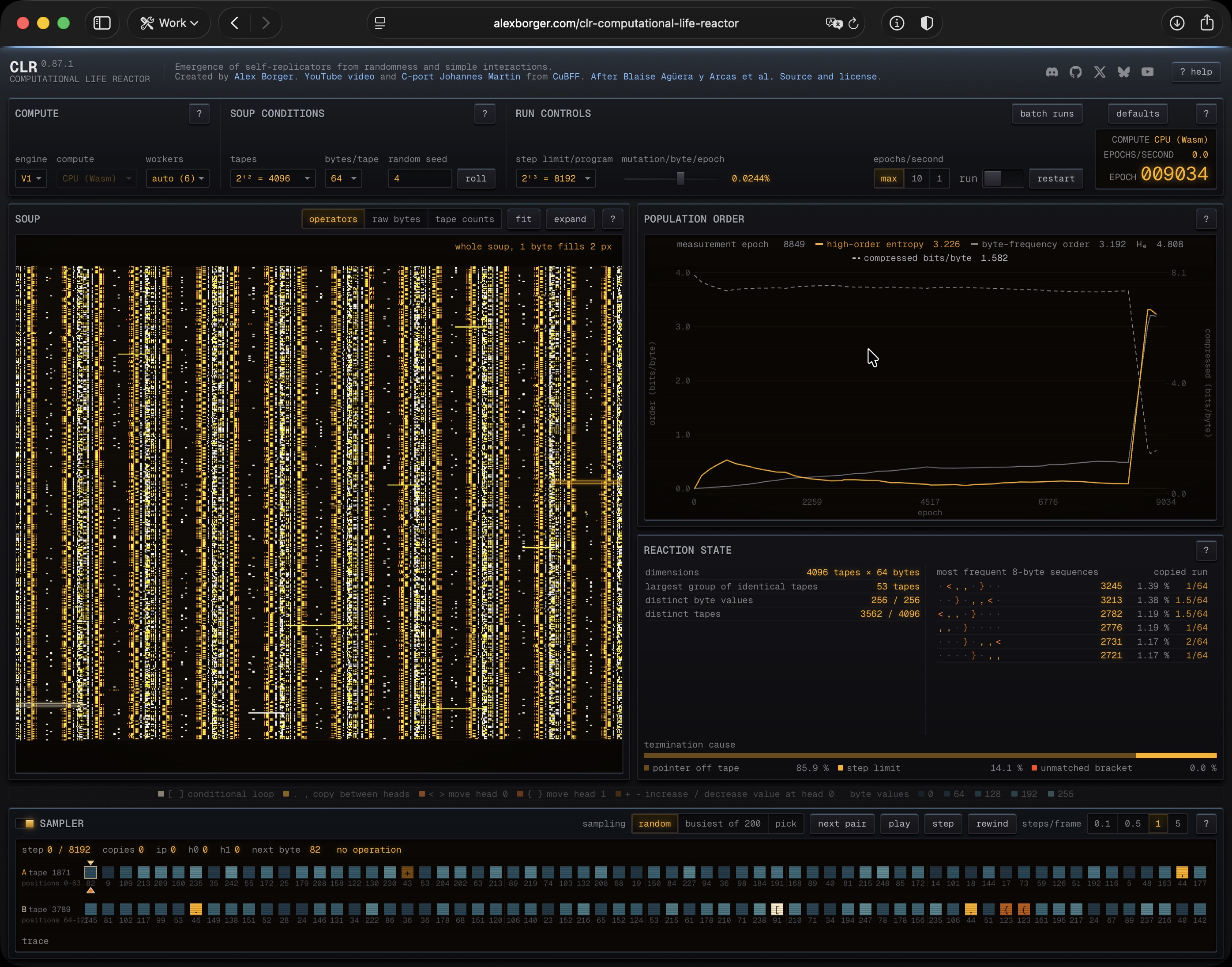 The Computational Life Reactor interface showing simulation controls and population visualizations