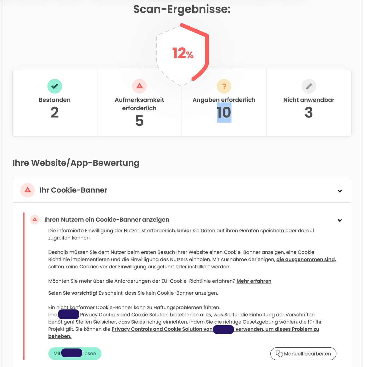 Screenshot 1: A consent tool's scan report scoring a site without any cookies 12%, flagging the missing cookie banner