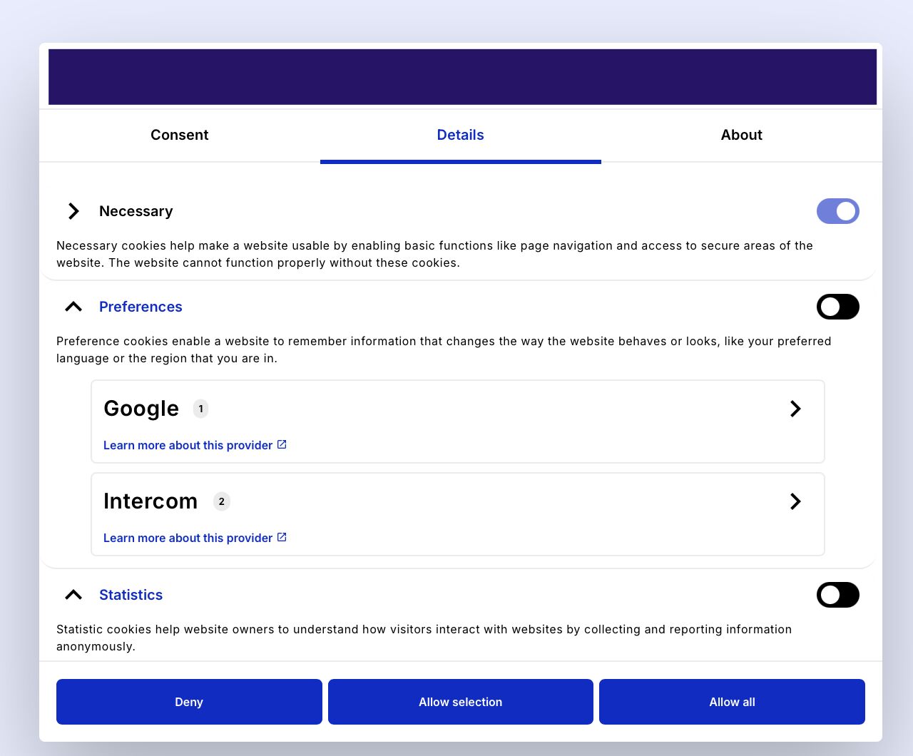 Screenshot 2: A consent banner listing Google and Intercom vendor preferences that don't exist on the site