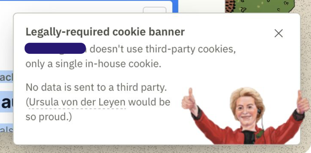 A tongue-in-cheek cookie banner: no third-party cookies, only a single in-house cookie, no data sent to any third party
